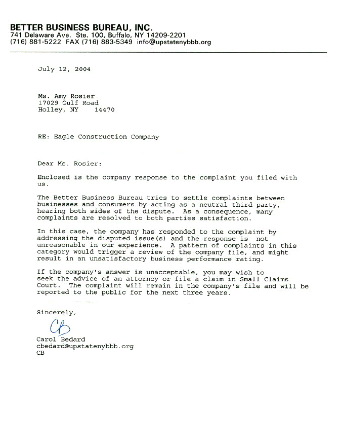 Better Business Bureau's Response Letter